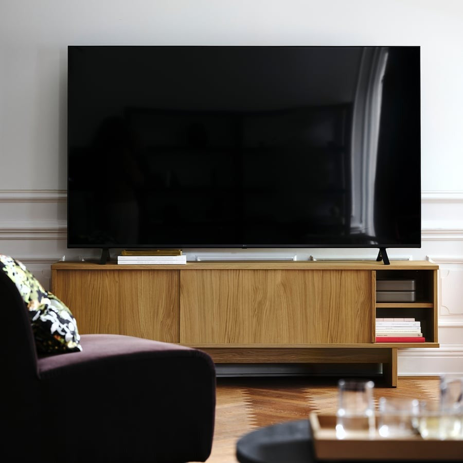STOCKHOLM 2025 TV bench with sliding doors, oak veneer, 179x42x56 cm