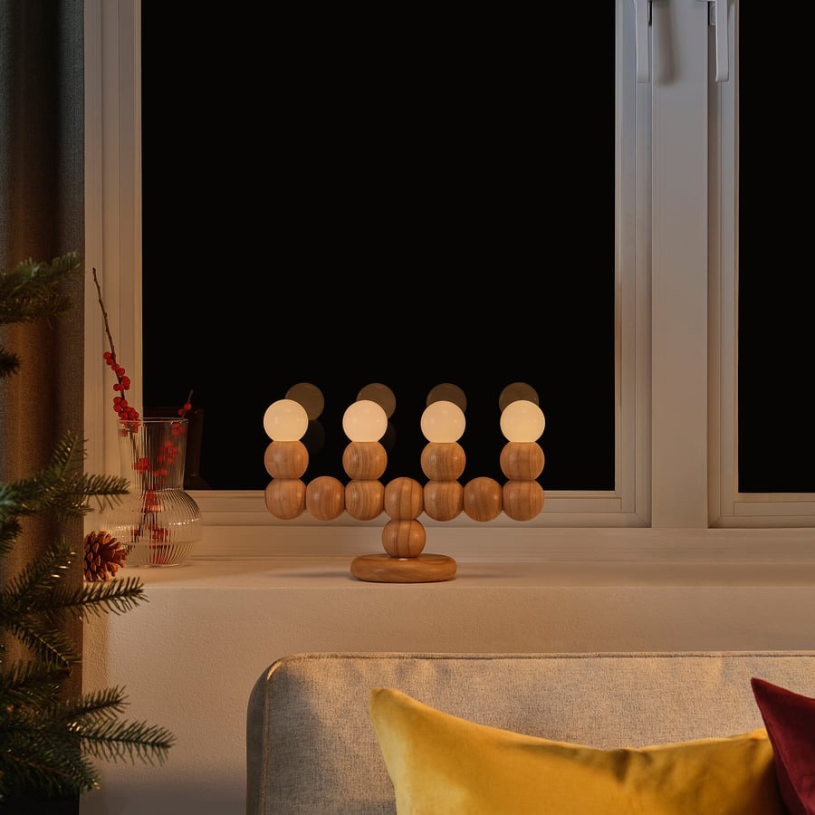 STRÅLA LED candelabra, wood battery-operated