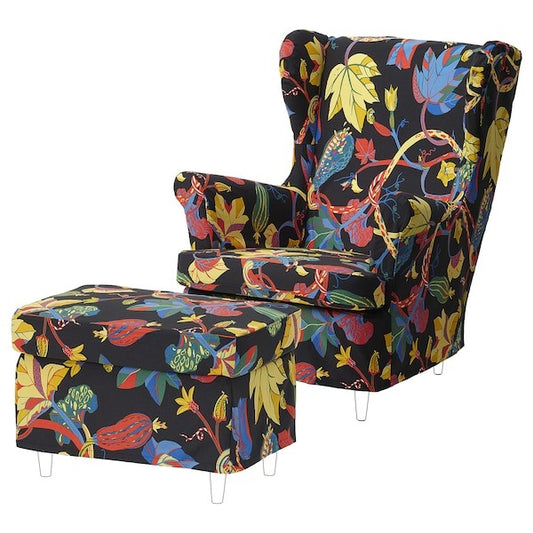 New STRANDMON Slipcover for armchair/footstool, Stigsbo multicolour/black