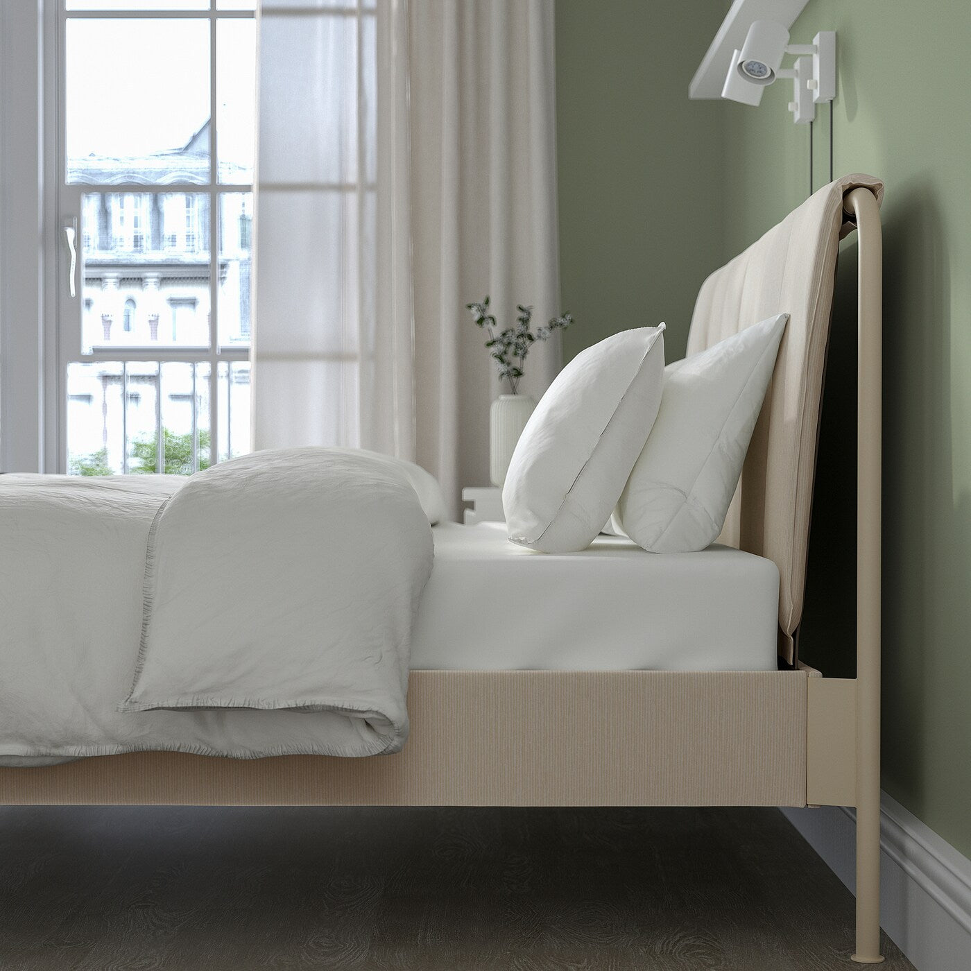 TÄLLÅSEN Upholstered bed frame with mattress, Kulsta grey-green/Vesteröy firm, 150x200 cm