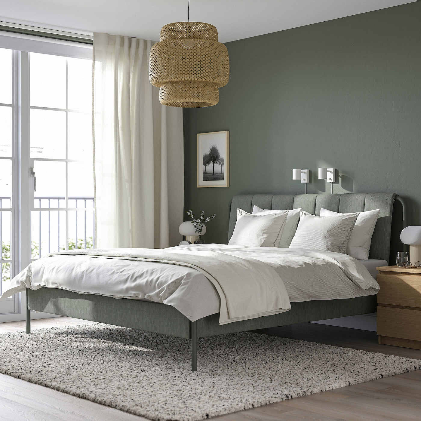 TÄLLÅSEN Upholstered bed frame with mattress, Kulsta grey-green/Vesteröy firm, 150x200 cm