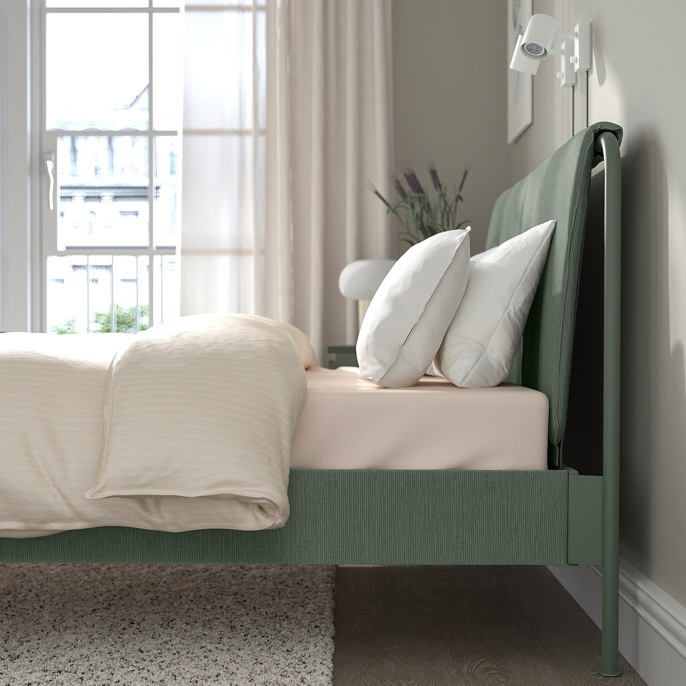 TÄLLÅSEN Upholstered bed frame with mattress, Kulsta grey-green/Vesteröy firm, 150x200 cm