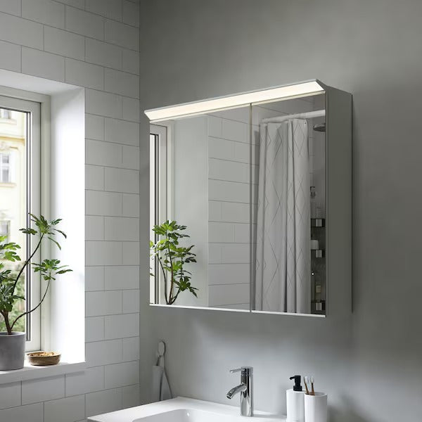 New TREASJÖN Mirror cab 2 door/built-in lighting, 80x17x75 cm