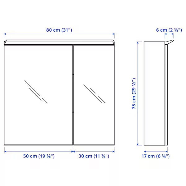 New TREASJÖN Mirror cab 2 door/built-in lighting, 80x17x75 cm