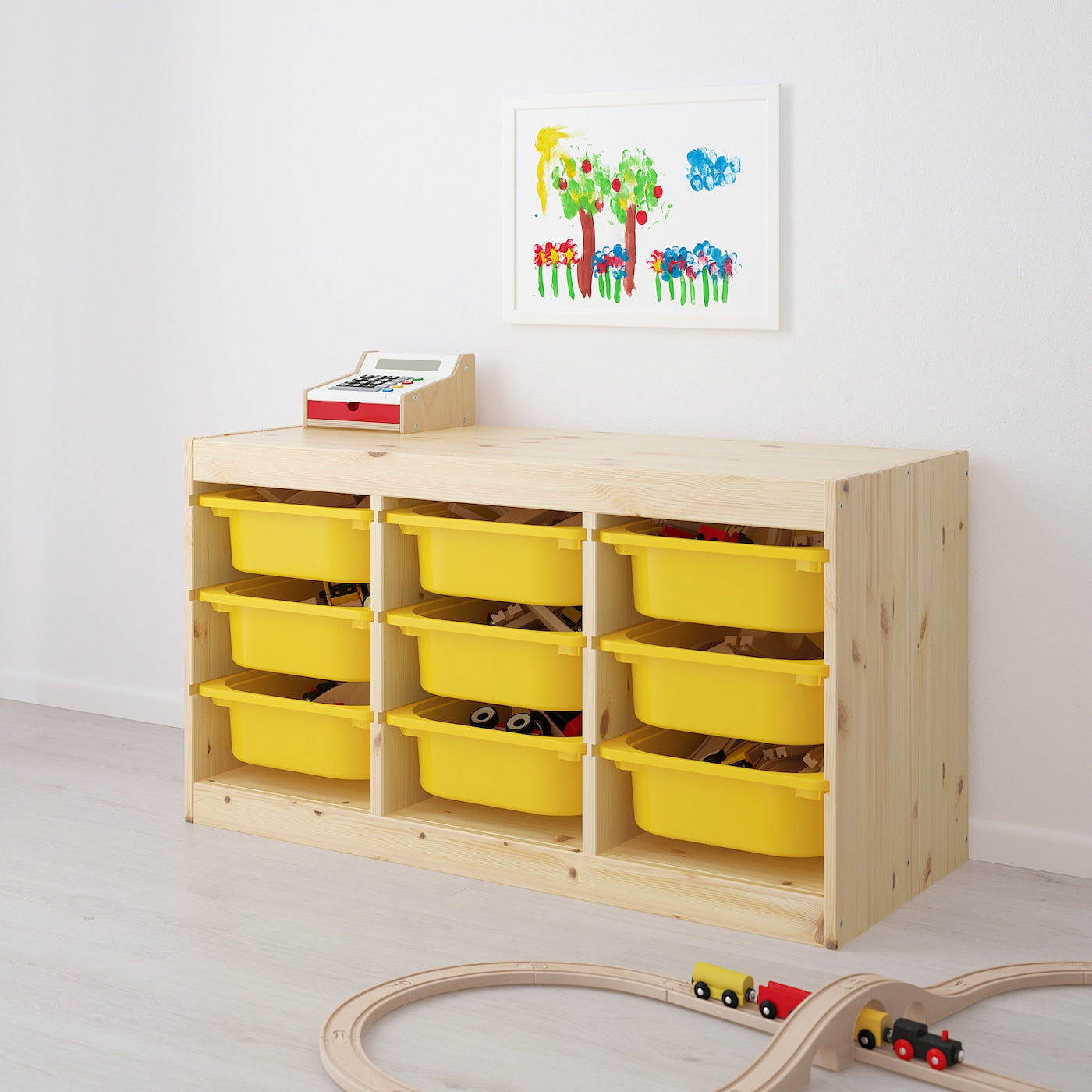 TROFAST Storage combination with boxes, light white stained pine/yellow, 93x44x53 cm