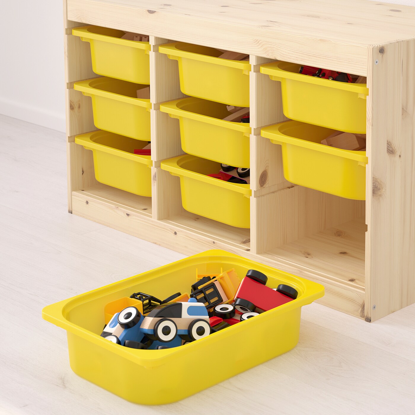 TROFAST Storage combination with boxes, light white stained pine/yellow, 93x44x53 cm