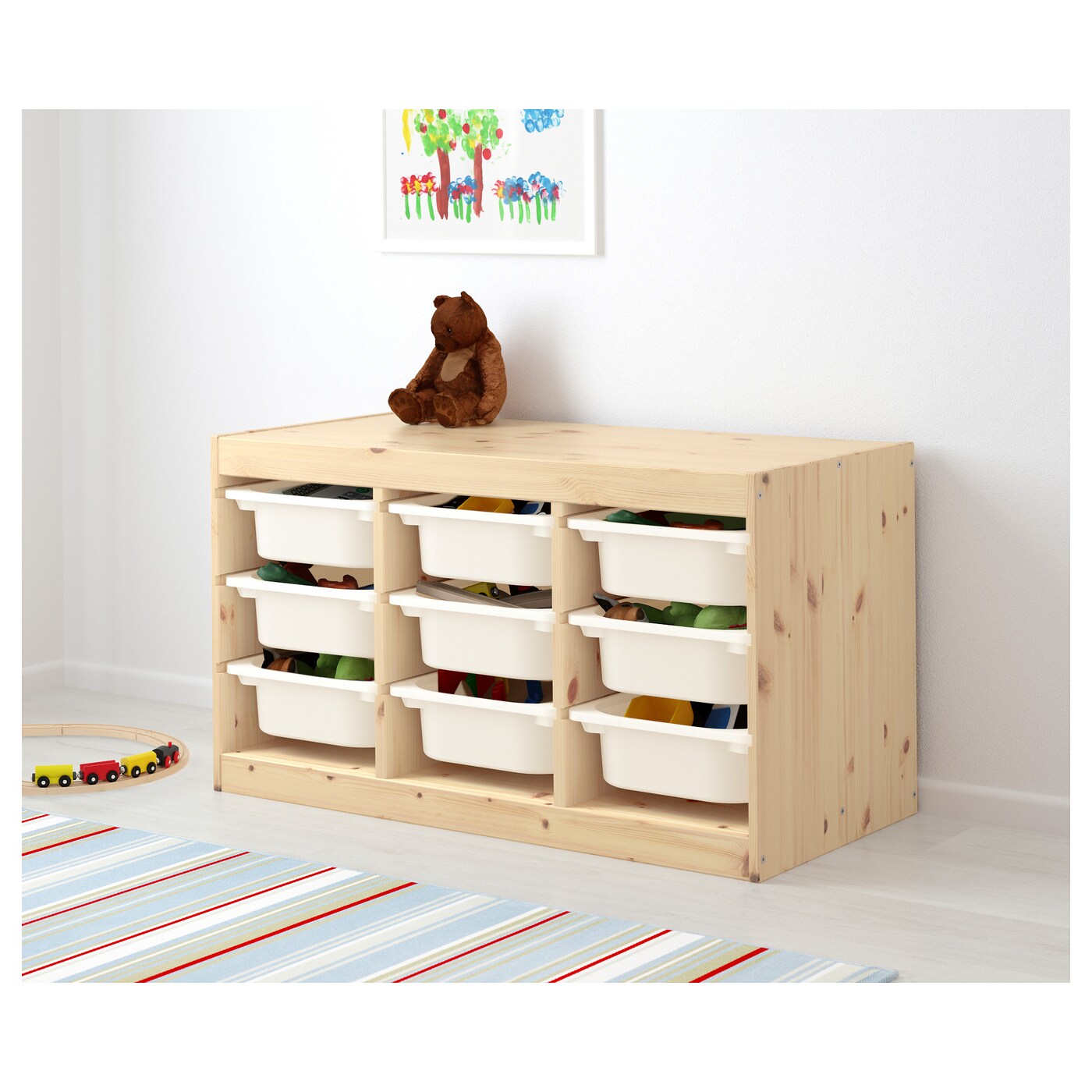 TROFAST Storage combination with boxes, light white stained pine/yellow, 93x44x53 cm