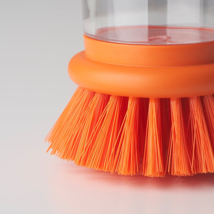 VIDEVECKMAL Dish-washing brush with dispenser, bright orange