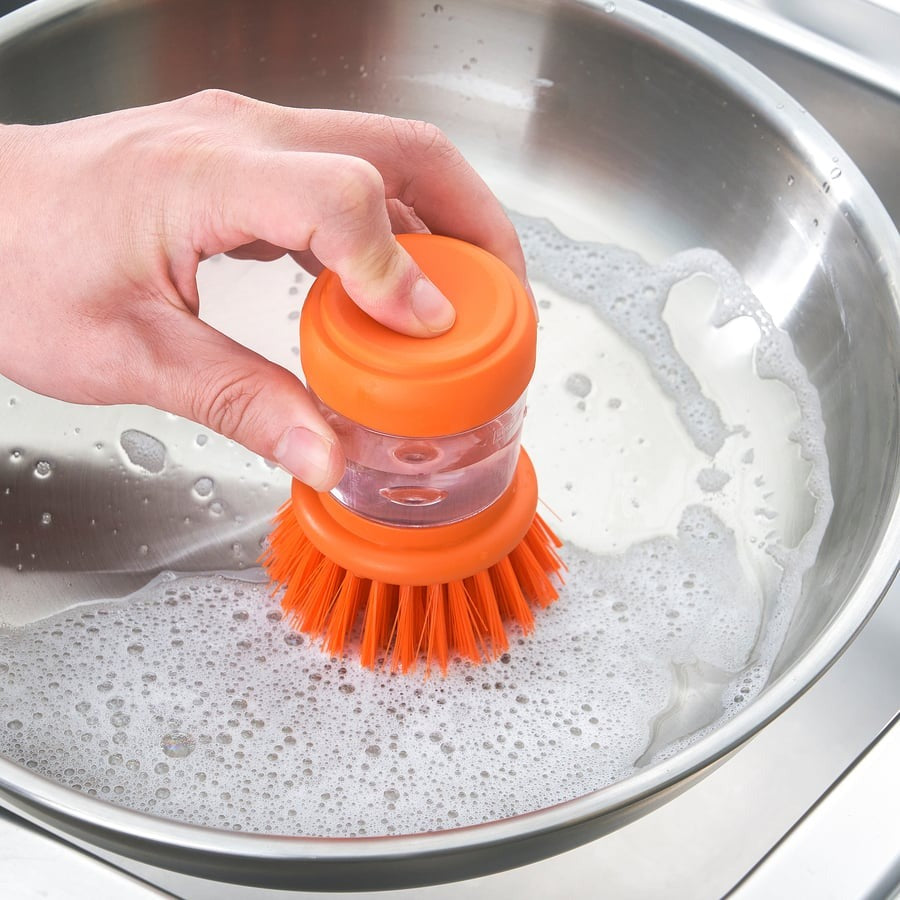 VIDEVECKMAL Dish-washing brush with dispenser, bright orange
