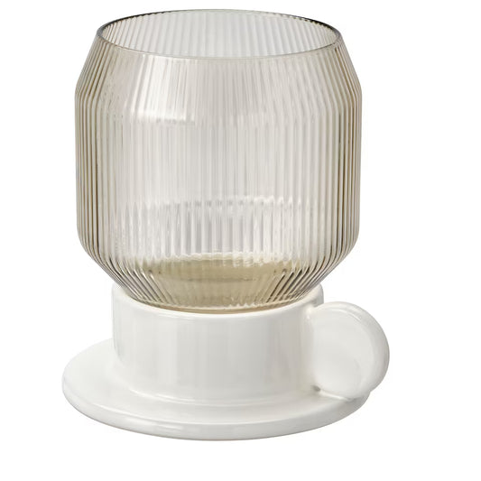 ANLEDNING Tealight holder, off-white/light brown, 11 cm