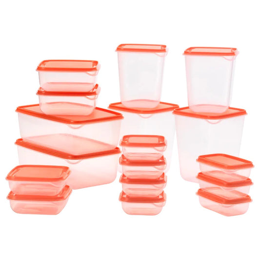 PRUTA Food container, set of 17, transparent/orange